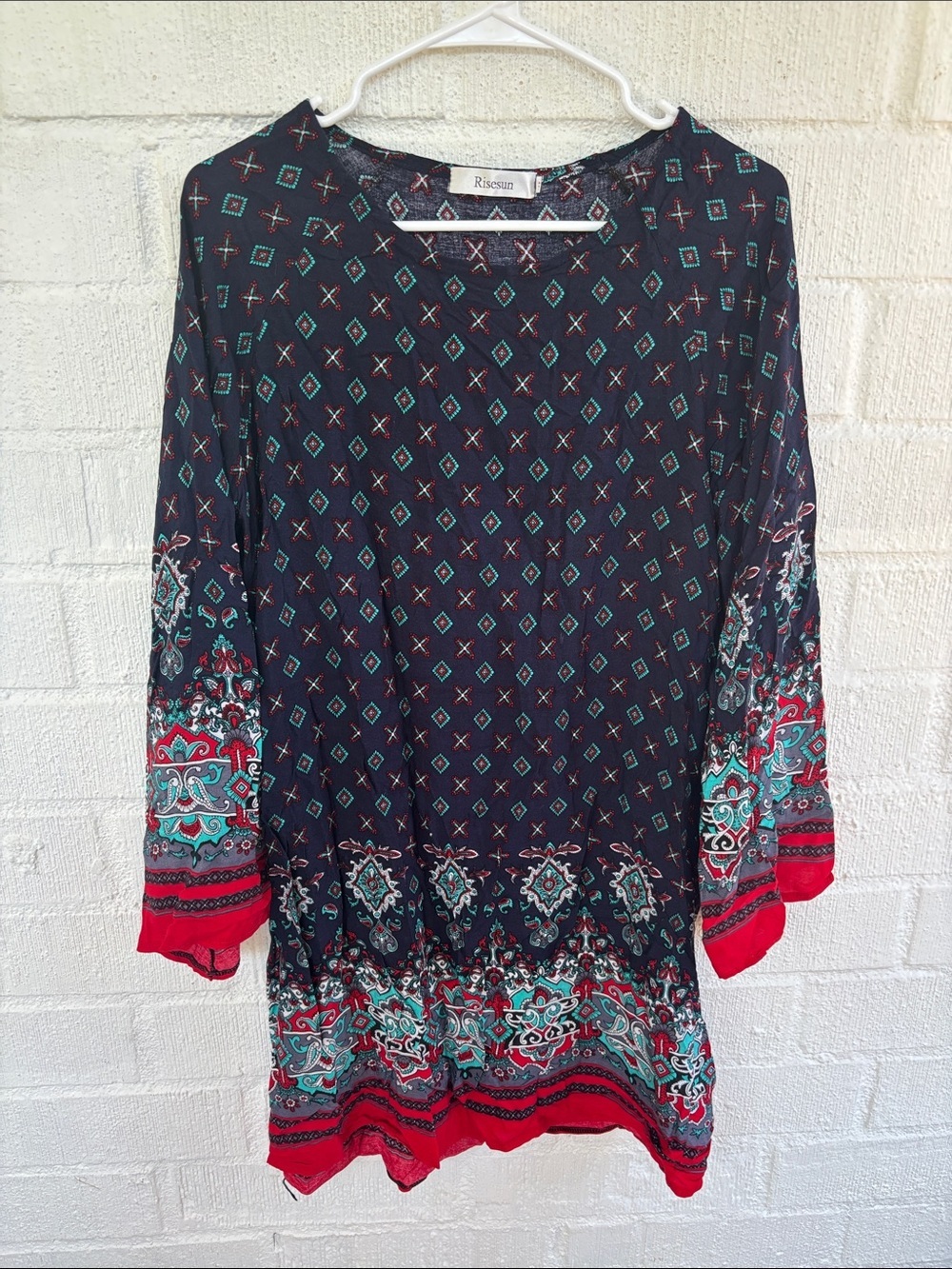 Risesun Cotton Navy Boho Printed Tunic Dress sz XL